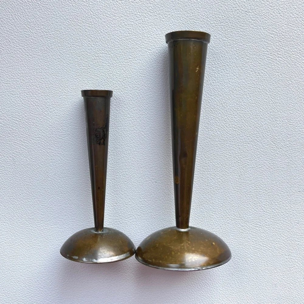 Pair of Mini Vases Mid Century Brass Candle Holders? MCM Decor Aged Patina